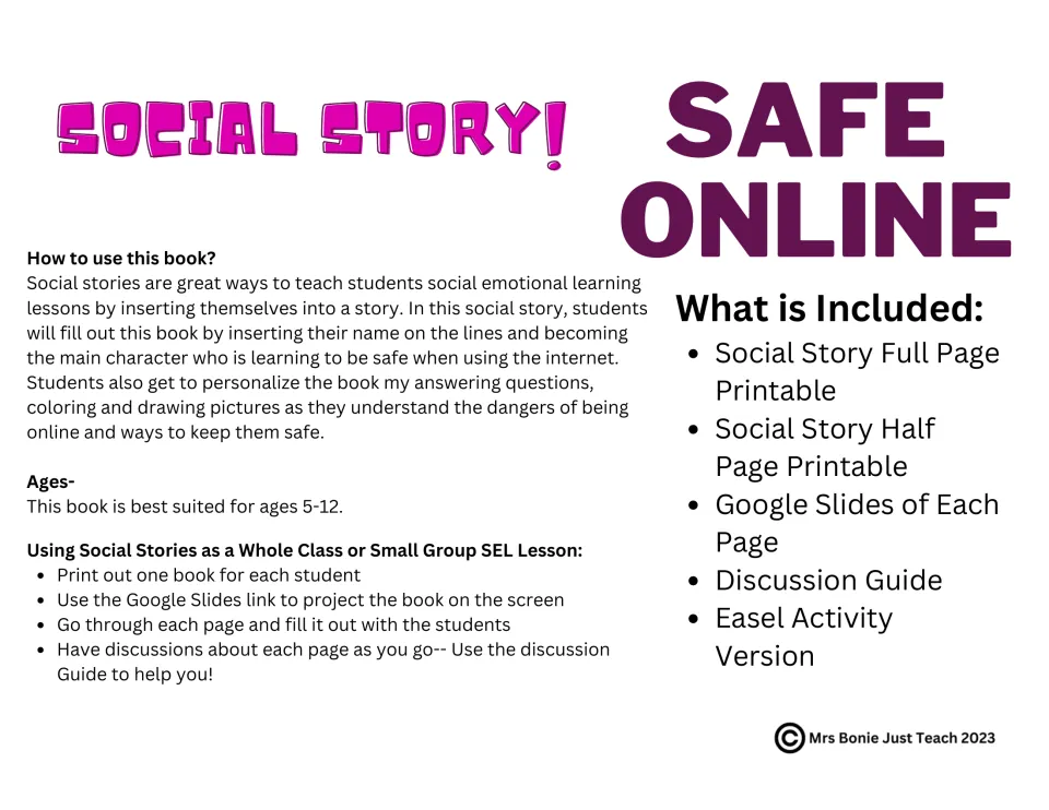 Safe Online social story guide: how students add their name to the book, ages 5-12, steps for a class SEL lesson