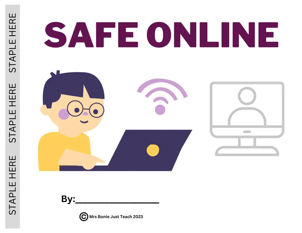 Safe Online booklet cover: a child using a laptop beside a Wi-Fi symbol, and By: for the student to sign