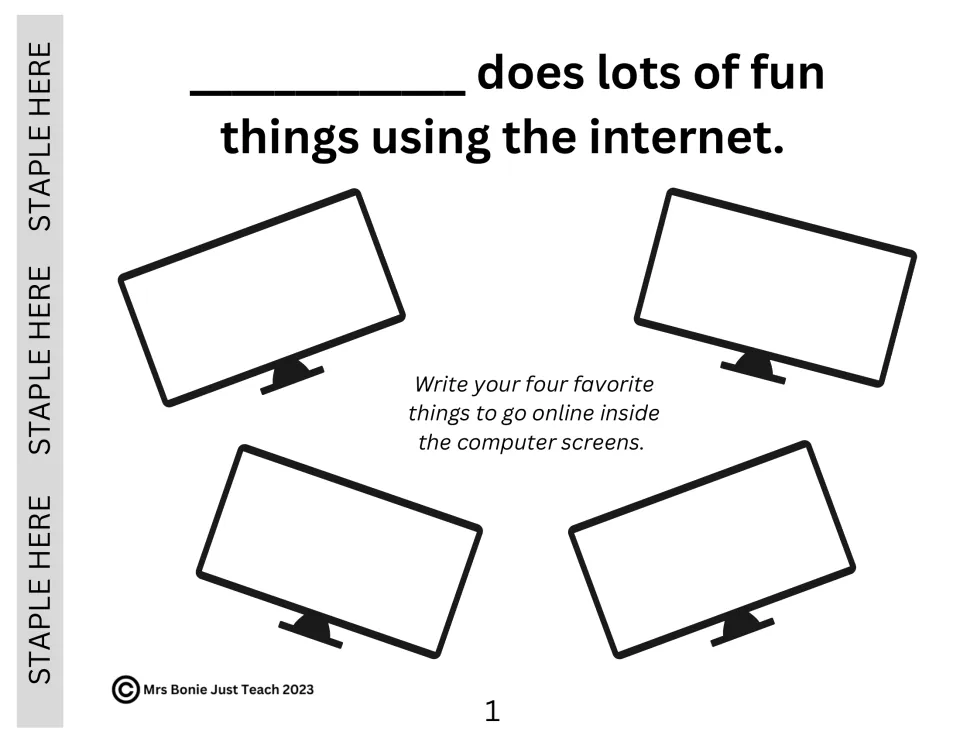 Fun things online: students write their name, then list four favorite things to do online inside four computer screens