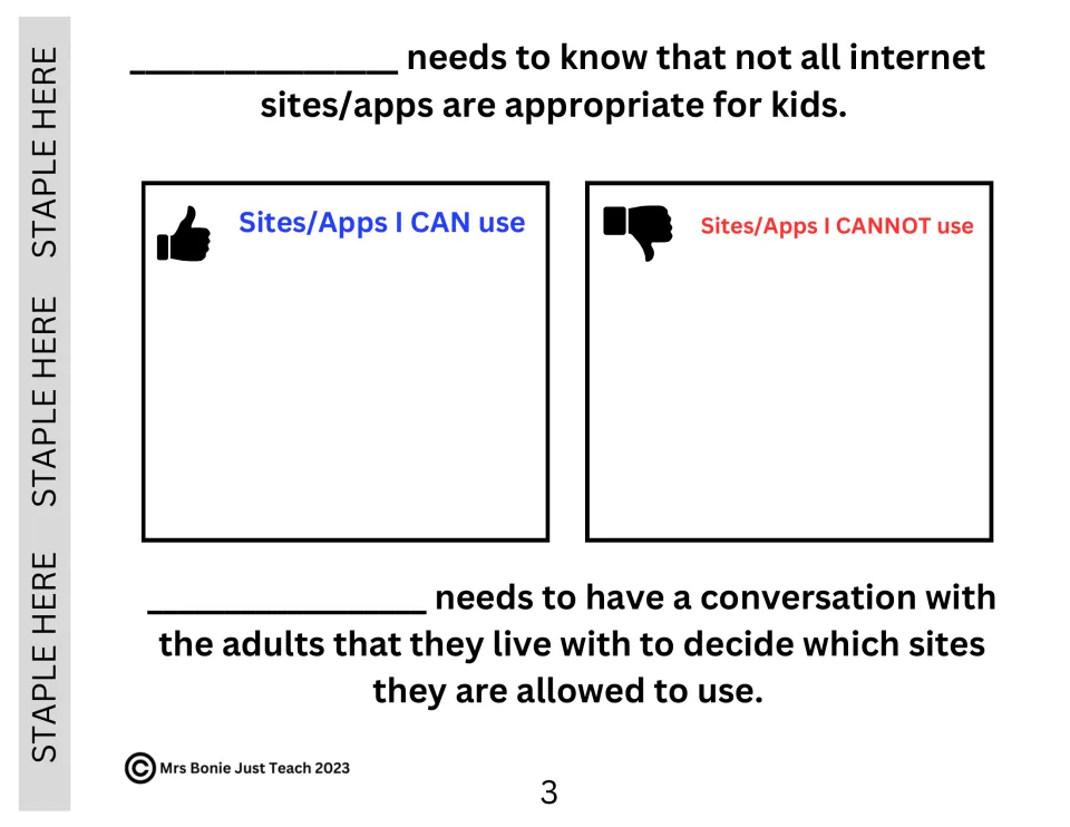 Not all sites are for kids: students sort sites and apps into 'I CAN use' and 'I CANNOT use' with thumbs up and down