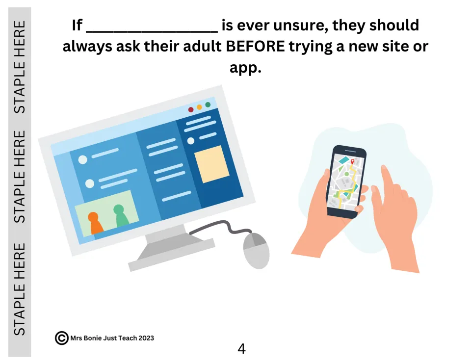 Ask first: if unsure, the student should always ask their adult BEFORE trying a new site or app; computer and phone shown