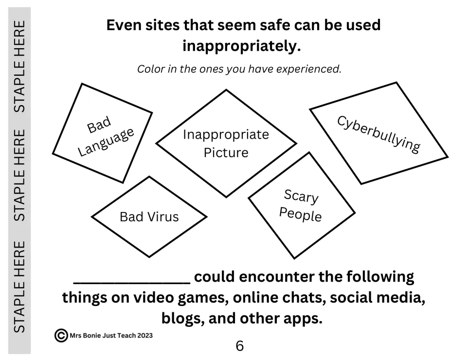 Online risks: students color the ones they have met, such as bad language, cyberbullying, scary people and a bad virus