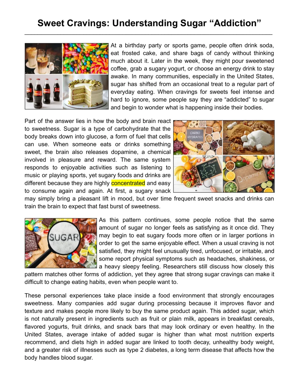 Reading passage opening explains sugar cravings, glucose, dopamine, habit formation, and added sugar.