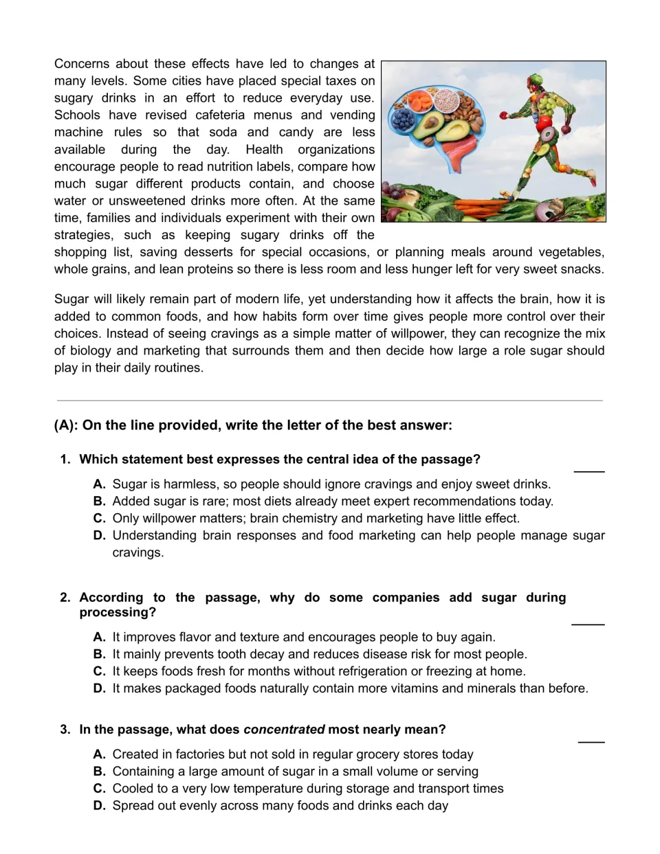Reading passage conclusion covers sugar choices, followed by multiple-choice questions 1–3 on the text.