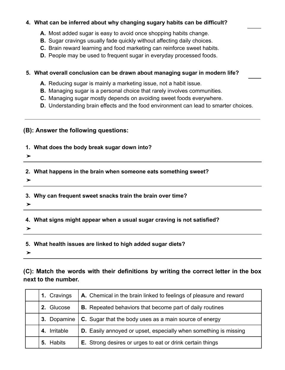 Reading tasks: multiple-choice questions 4–5, five short-answer questions, and five vocabulary matches.