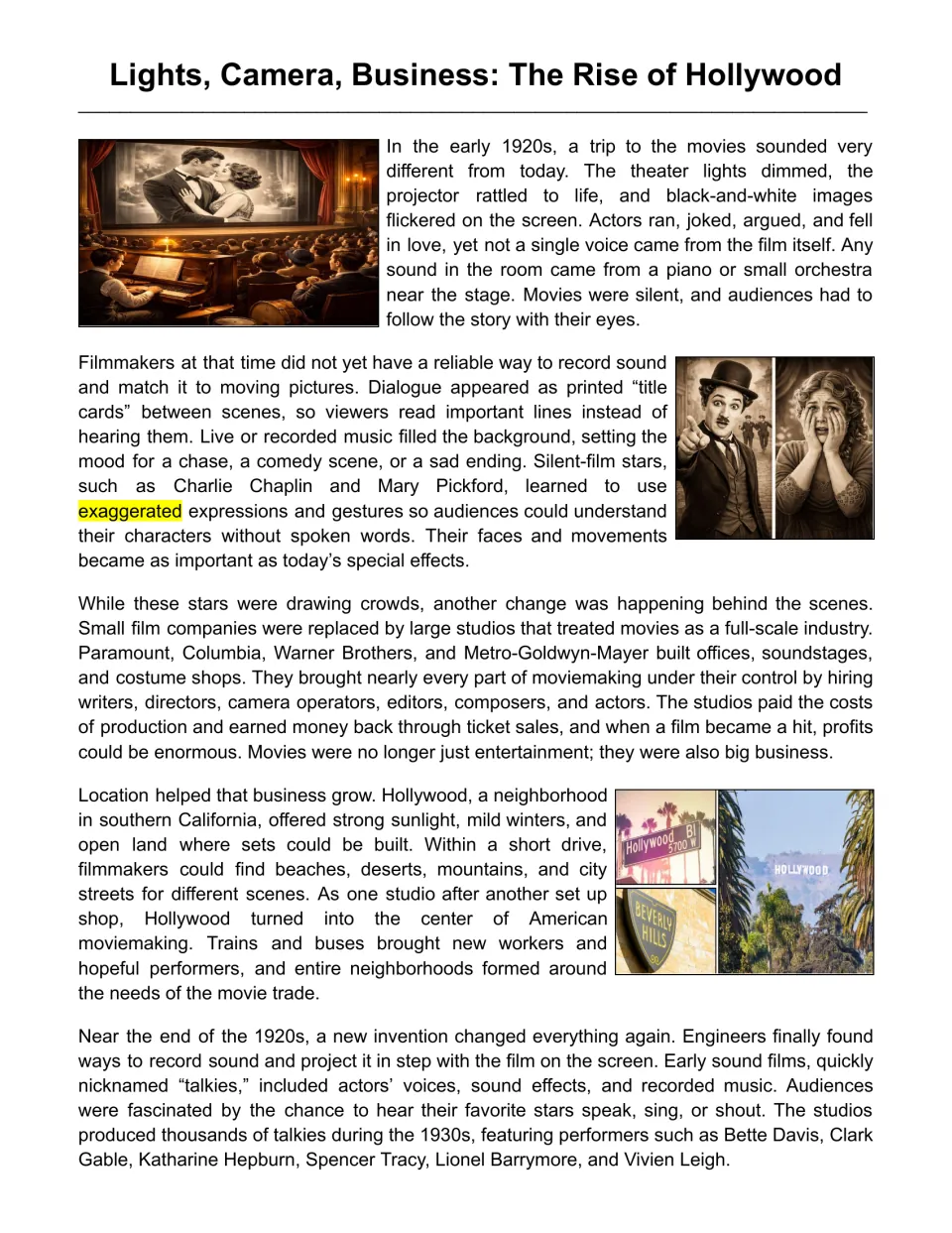 Hollywood reading passage, part 1: silent movies, major studios, filming locations, and early talkies