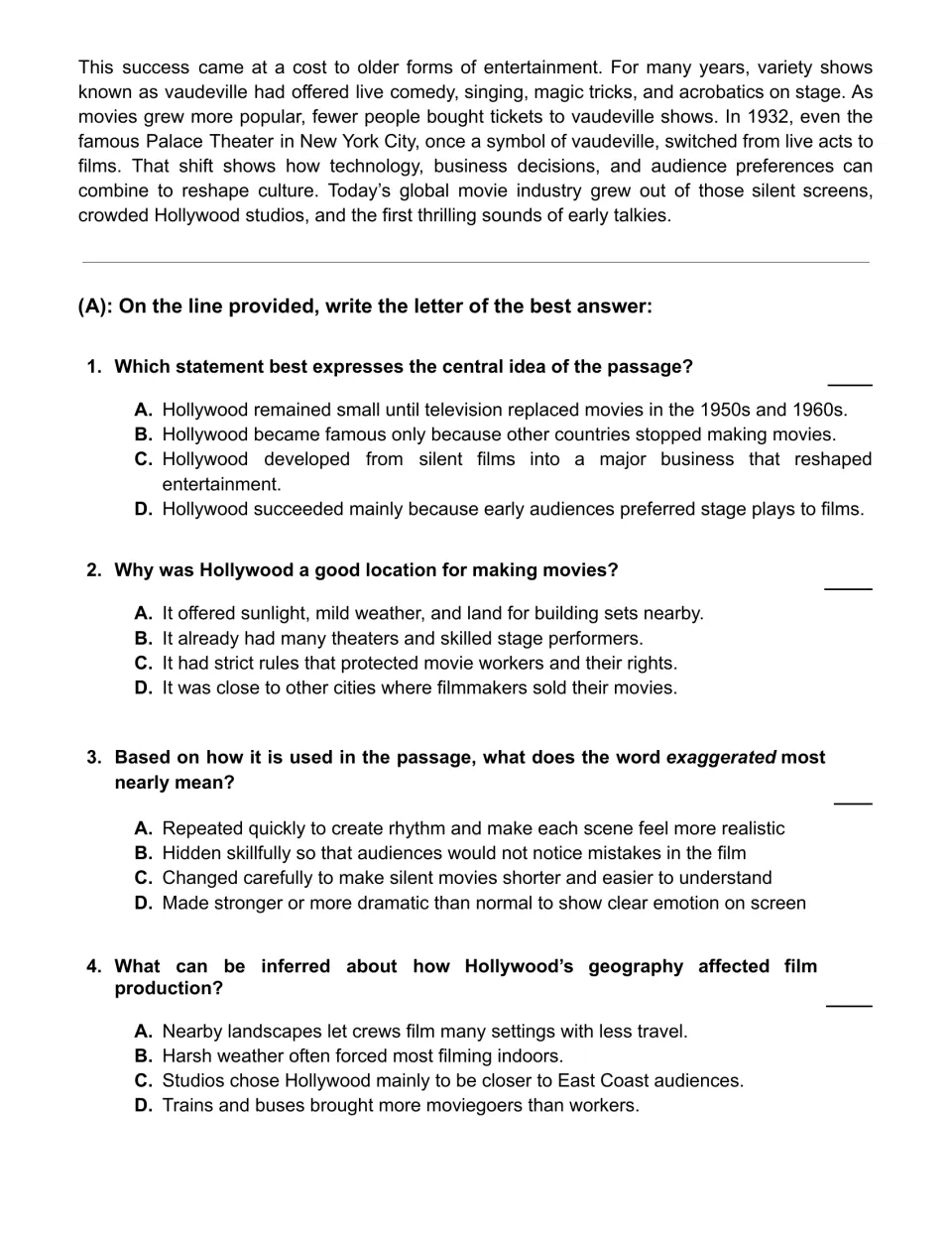 Hollywood passage conclusion on vaudeville’s decline, followed by comprehension questions 1–4