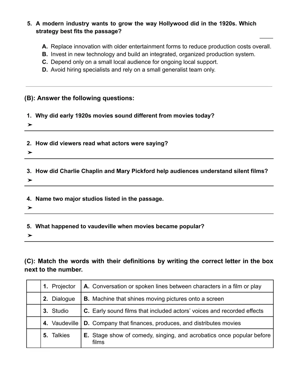 Hollywood questions: multiple-choice item 5, five short answers, and five film vocabulary matching items