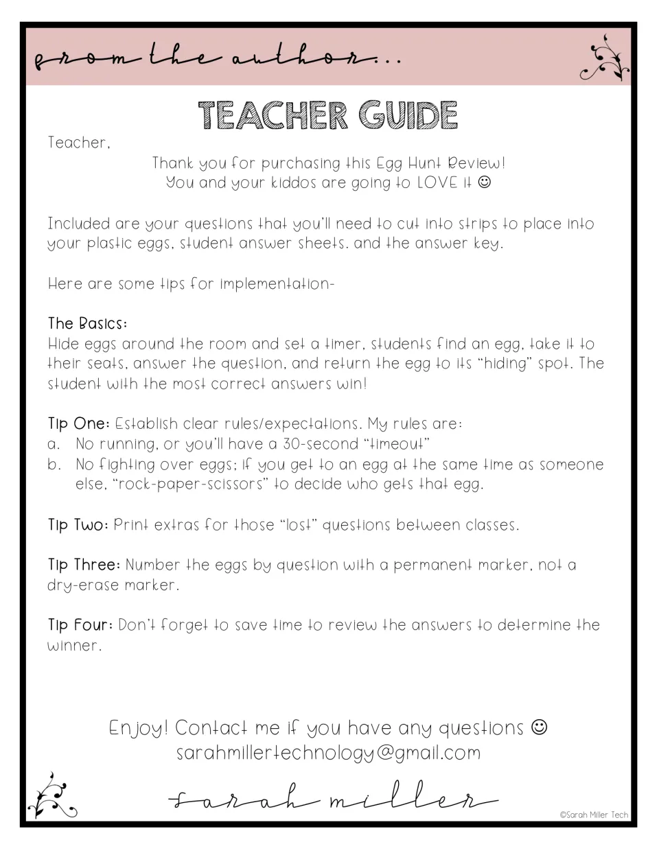 Teacher guide for an egg hunt review: hide question eggs, students answer at seats, plus tips on rules and numbering eggs