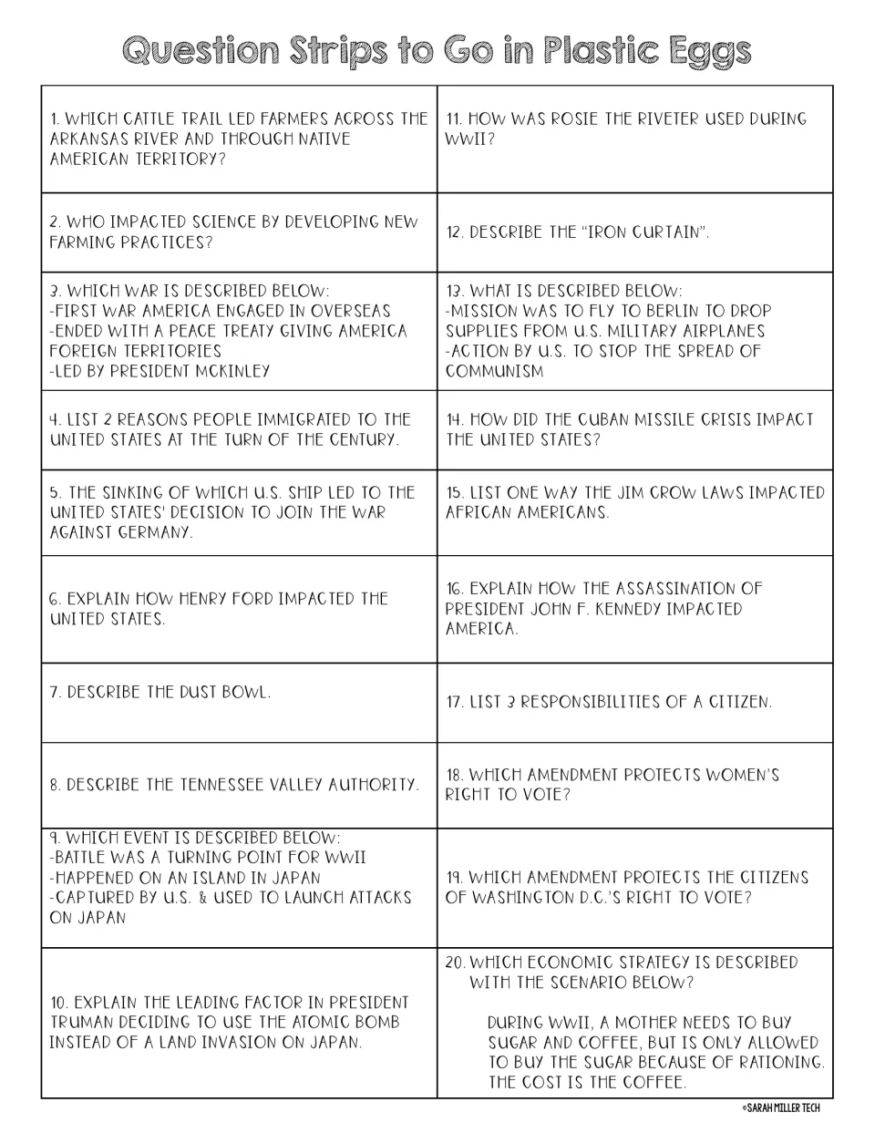 Question strips 1-20 on US history: cattle trails, WWII, Iwo Jima, Berlin airlift, Cuban missile crisis, Jim Crow laws