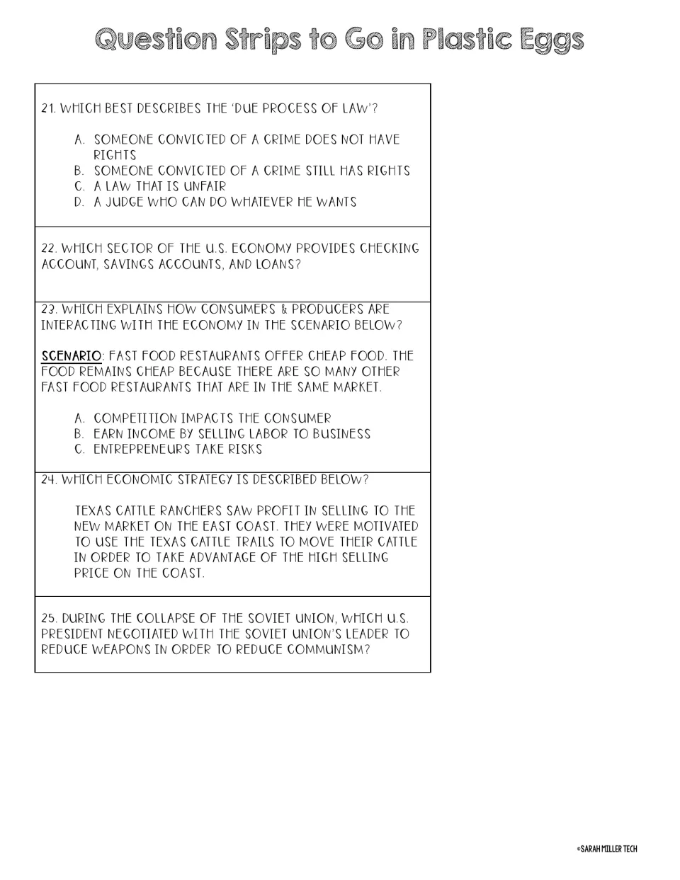 Question strips 21-25 on civics and economics: due process, banking sector, competition, profit, Soviet Union collapse