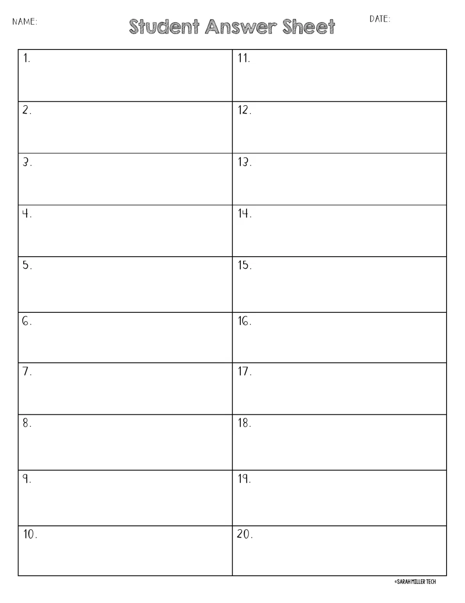 Student answer sheet with name and date: numbered spaces for students to record answers to egg questions 1 through 20