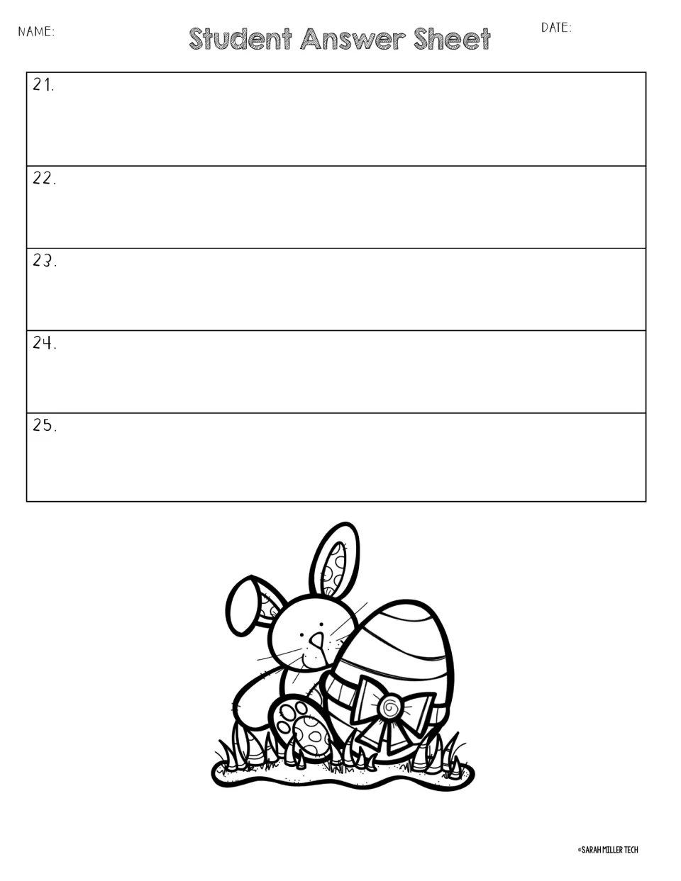 Student answer sheet continued: spaces for answers to questions 21 through 25, with an Easter bunny and egg illustration
