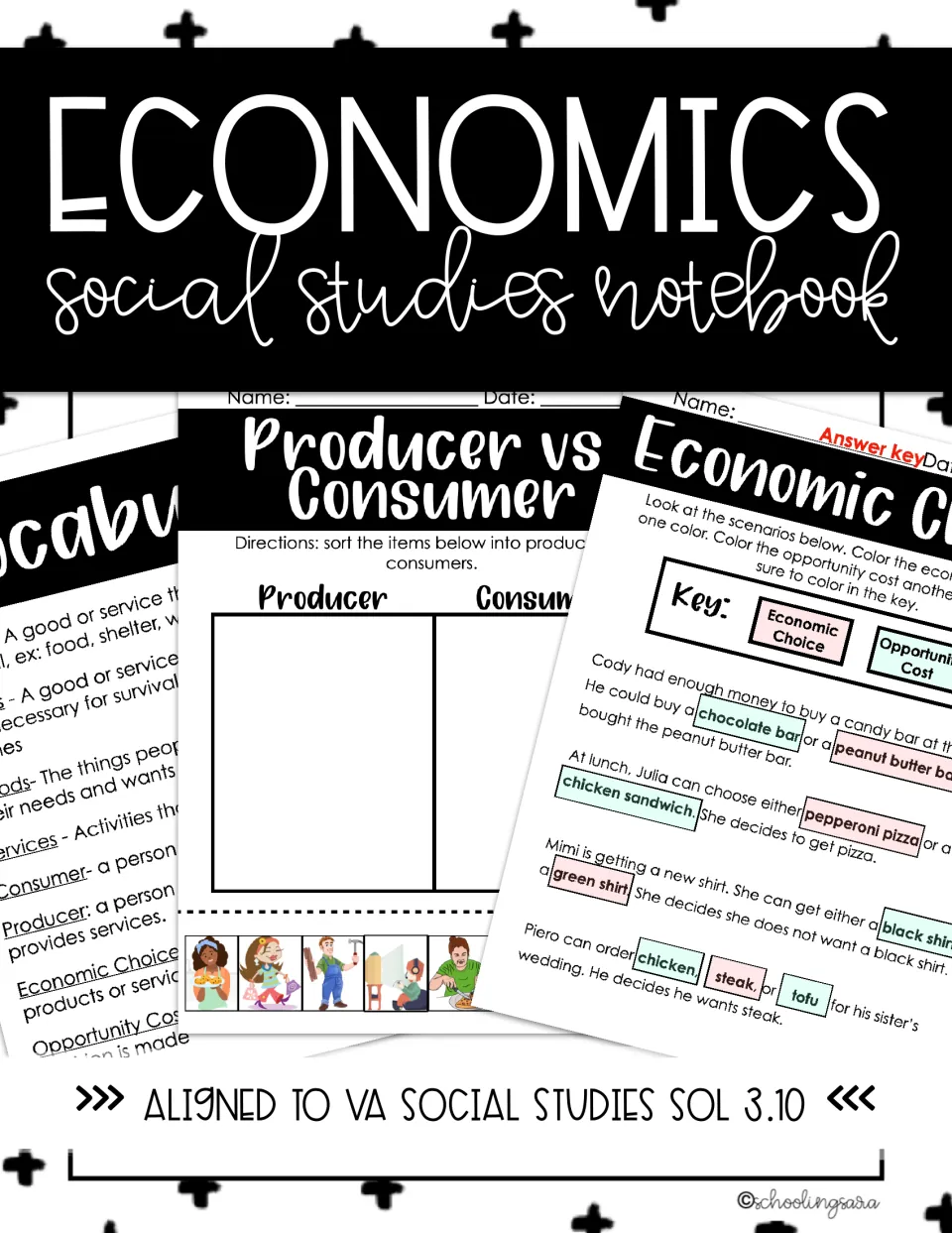 Economics social studies notebook cover aligned to VA SOL 3.10, showing vocabulary, producer vs consumer and choice pages