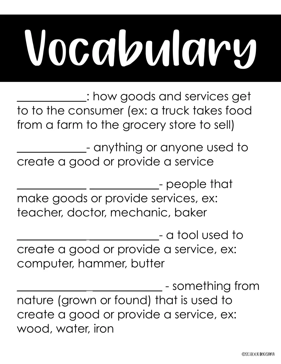 Vocabulary fill-in: students name terms for how goods reach consumers and for people, tools and nature used in production