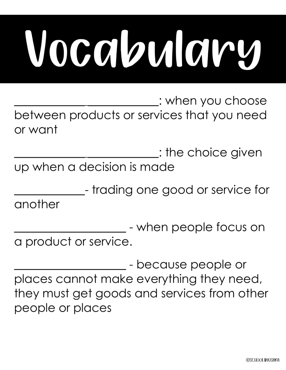 Vocabulary on choices and trade: students write economic choice, opportunity cost, barter, specialization, interdependence