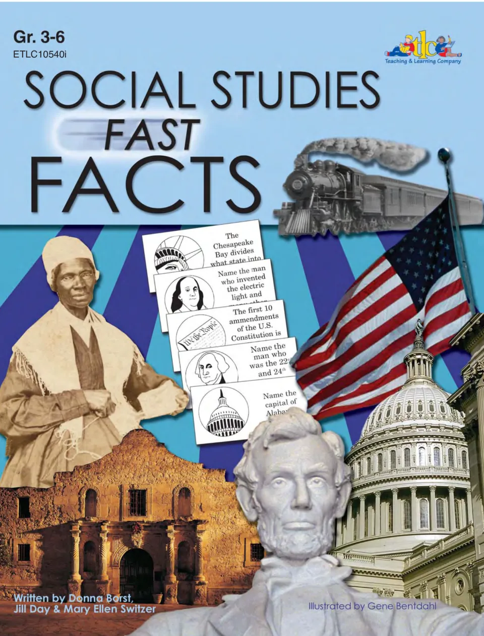 Social Studies Fast Facts cover, Gr. 3-6: sample question cards with Alamo, Capitol, U.S. flag and Lincoln statue photos