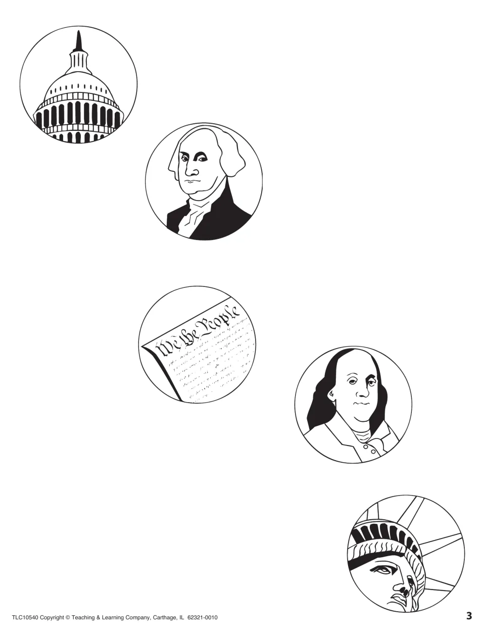 Five round line-art icons: U.S. Capitol dome, George Washington, We the People, Ben Franklin and Statue of Liberty