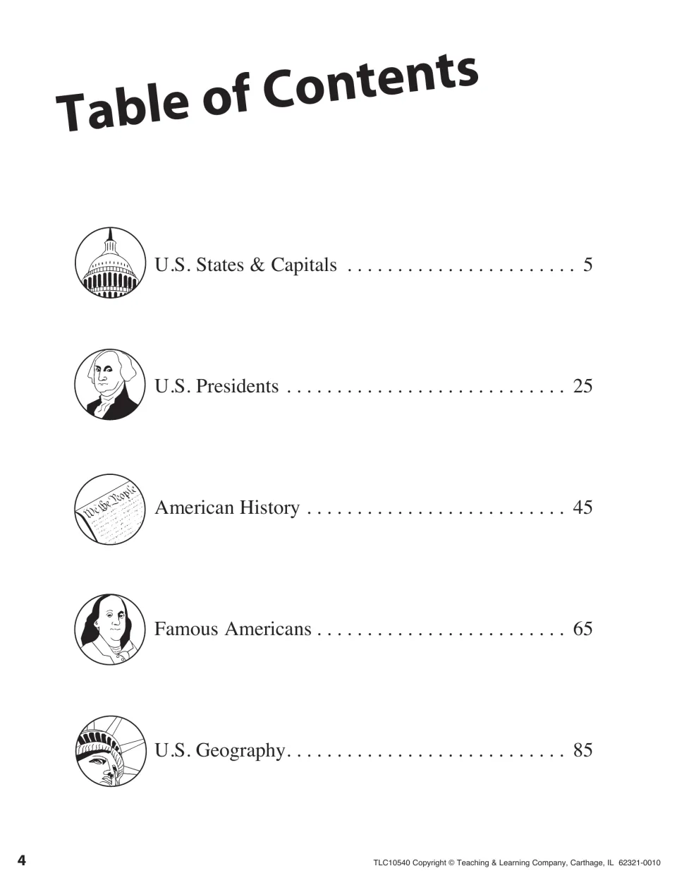 Table of contents listing five sections: U.S. States & Capitals, Presidents, American History, Famous Americans, Geography
