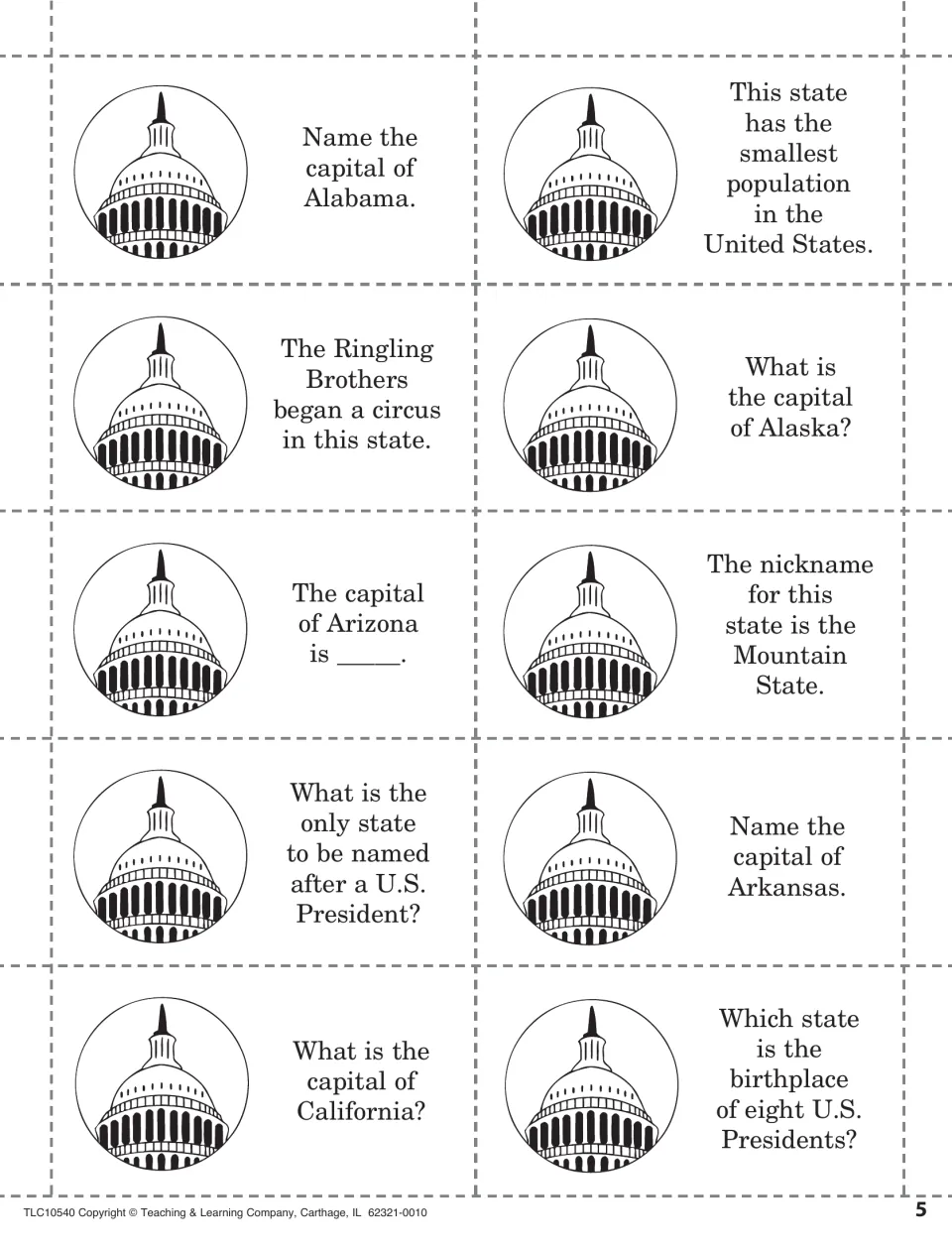 U.S. states and capitals cards: students name capitals of Alabama, Alaska and Arizona and name states from fact clues