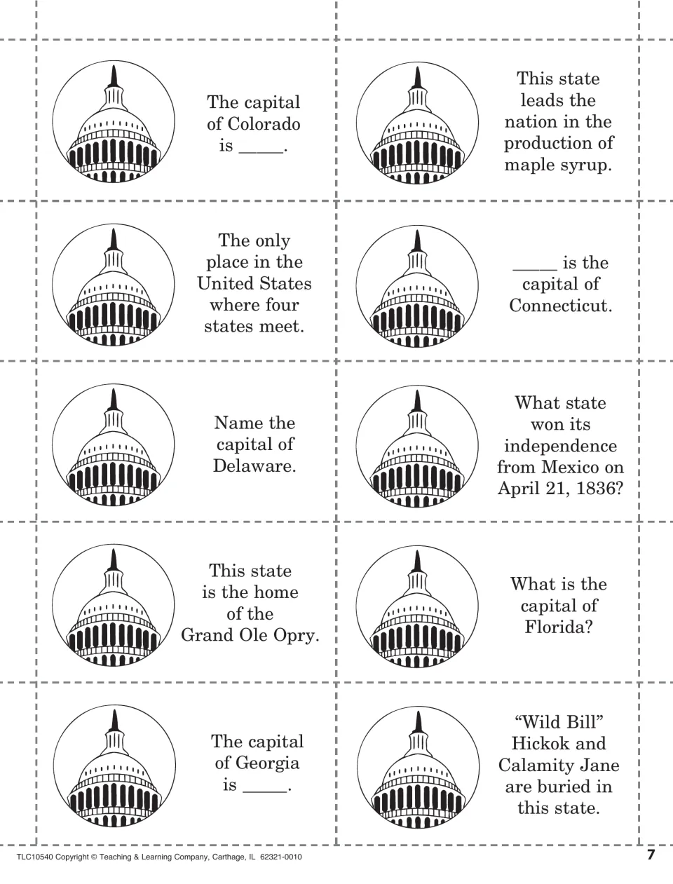 Colorado to Georgia capitals cards: students name capitals and states from clues like maple syrup and the Grand Ole Opry