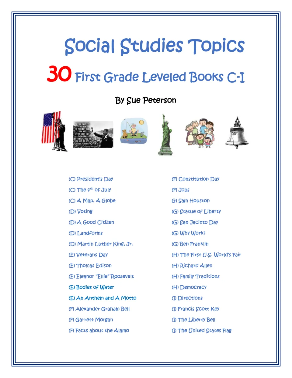 Social Studies Topics cover by Sue Peterson listing 30 leveled books C-I, from President's Day to The United States Flag