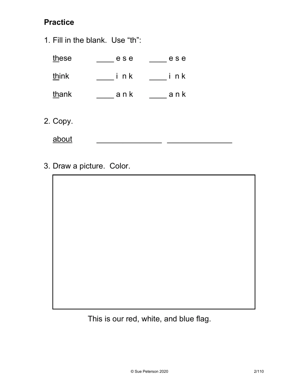 President's Day practice: students fill in the th sound in these, think, thank, copy about, and draw and color the flag