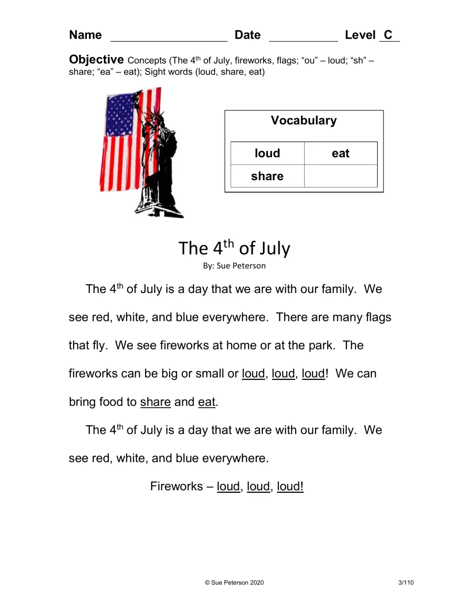 The 4th of July reader, Level C: students read about flags, family and loud fireworks, with sight words loud, share and eat