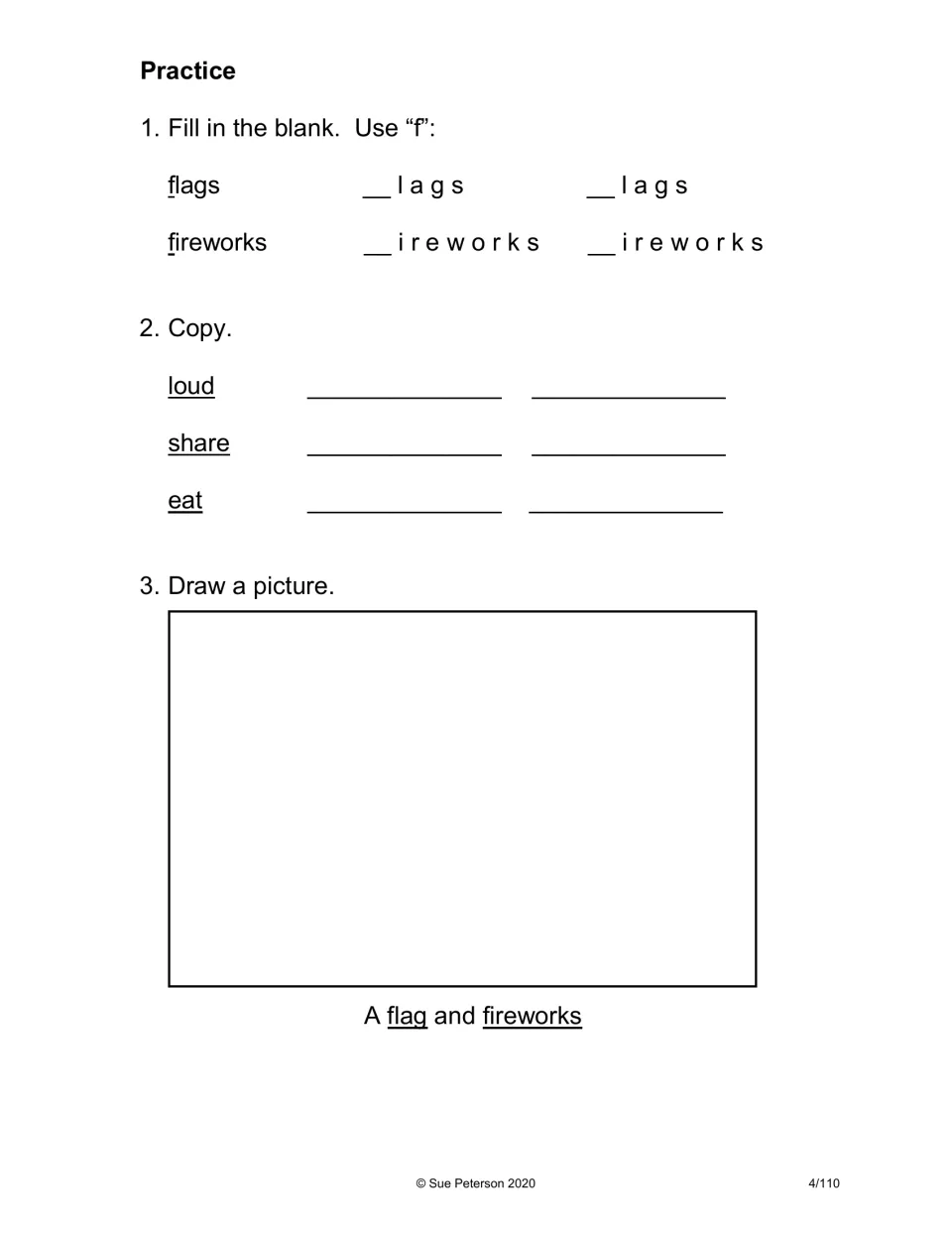 4th of July practice: students add the f in flags and fireworks, copy loud, share and eat, then draw a flag and fireworks