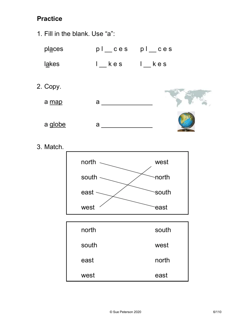 Map and globe practice: students fill in long a in places and lakes, copy map and globe, and match cardinal directions