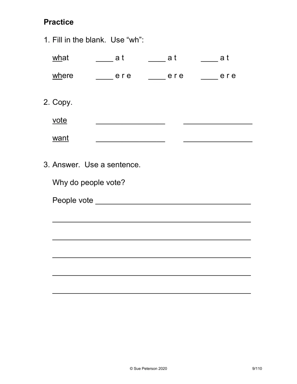Voting practice: students fill in wh for what and where, copy vote and want, and answer Why do people vote? in a sentence