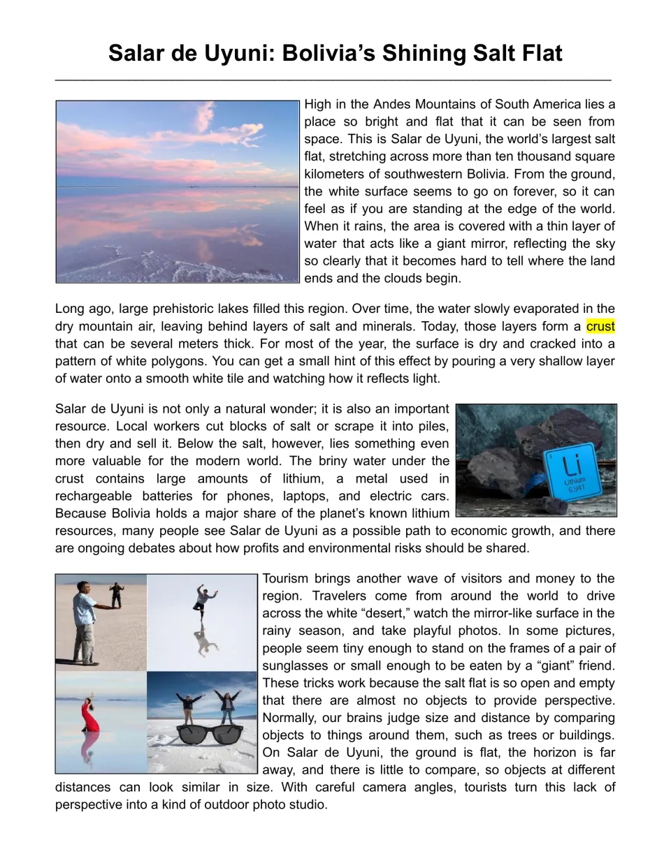 Opening reading on Salar de Uyuni explains salt flat formation, lithium resources, tourism, and photo tricks.