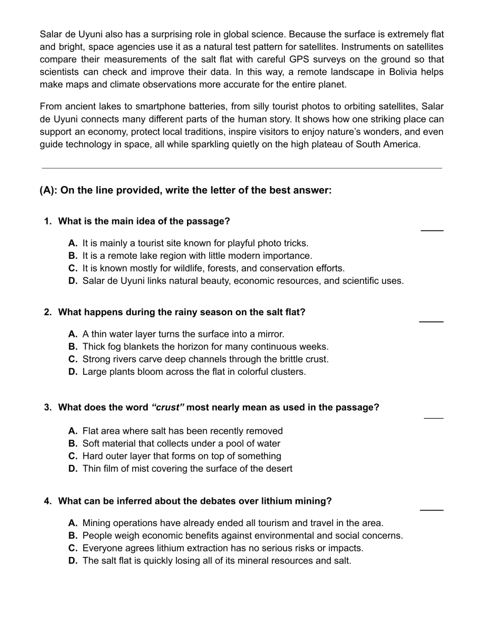 Reading conclusion explains satellite testing, followed by multiple-choice questions 1–4 about the salt flat.