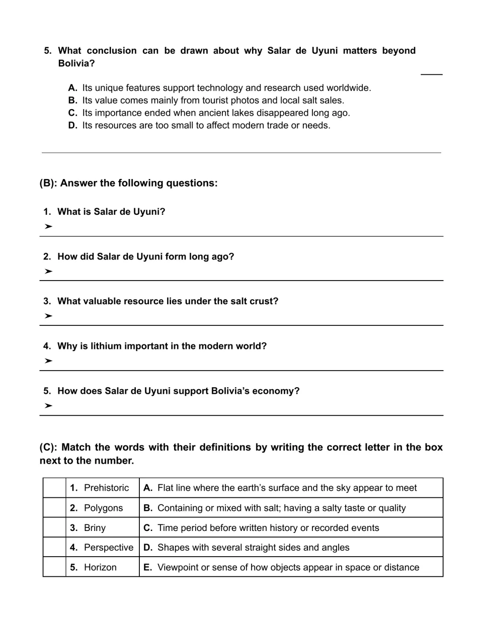 Question 5 asks about global importance; five short-answer questions and five vocabulary matches follow.