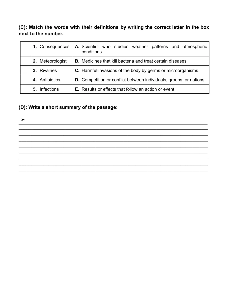 Vocabulary task matches consequences, meteorologist, rivalries, antibiotics, and infections; summary follows.