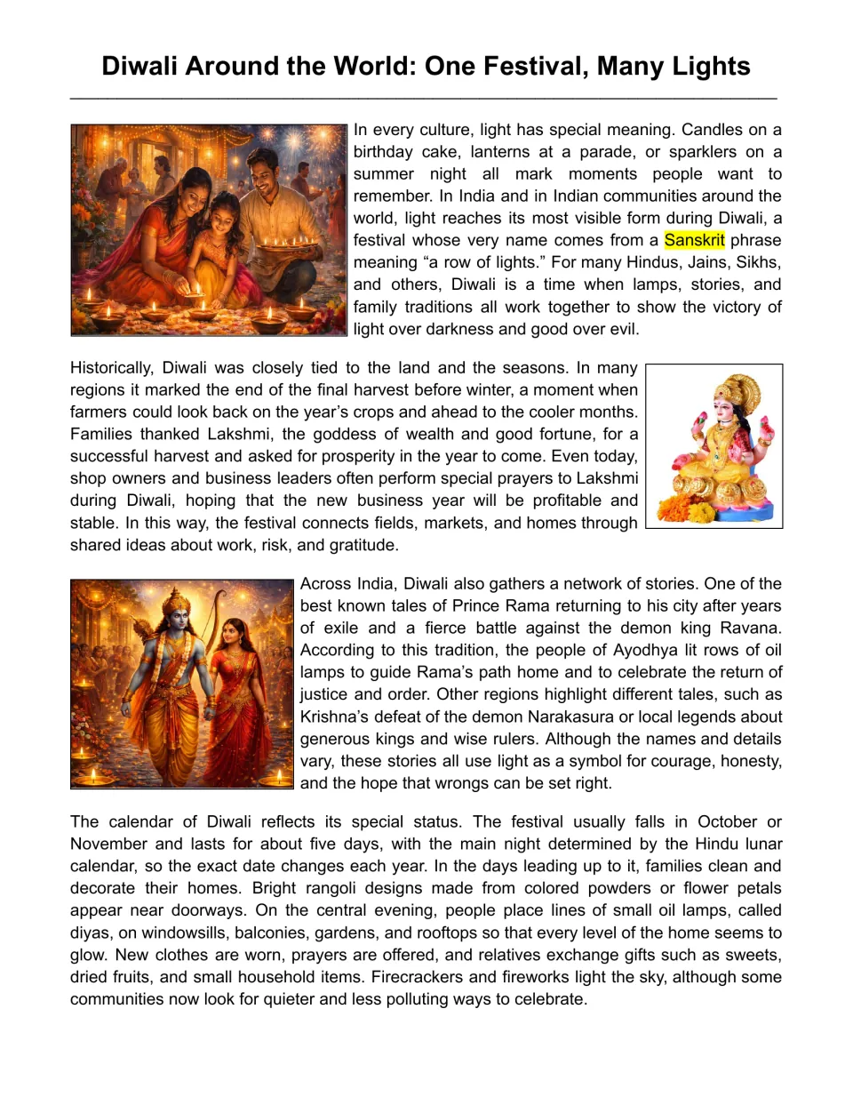 Diwali reading passage, part 1: origins, harvest traditions, Rama's return, and festival preparations.