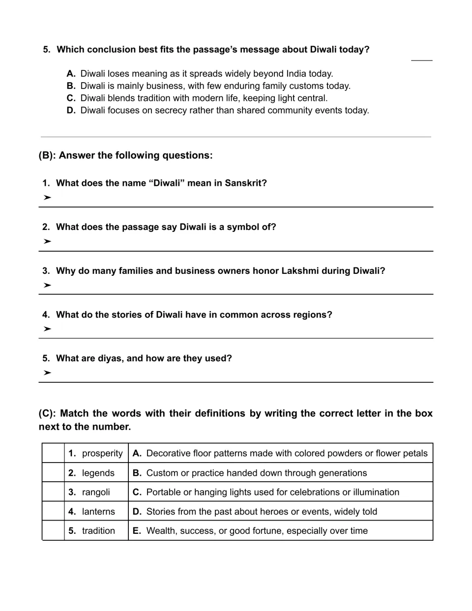 Diwali question 5, five short-answer questions, and vocabulary matching for prosperity, rangoli, and more.