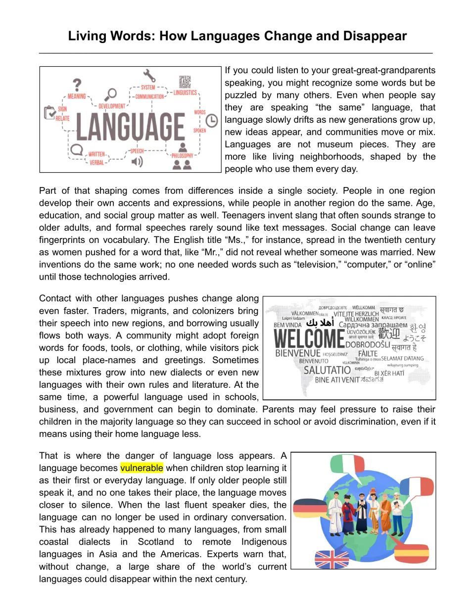 Reading passage opening explains language change, regional differences, borrowing, and language loss.