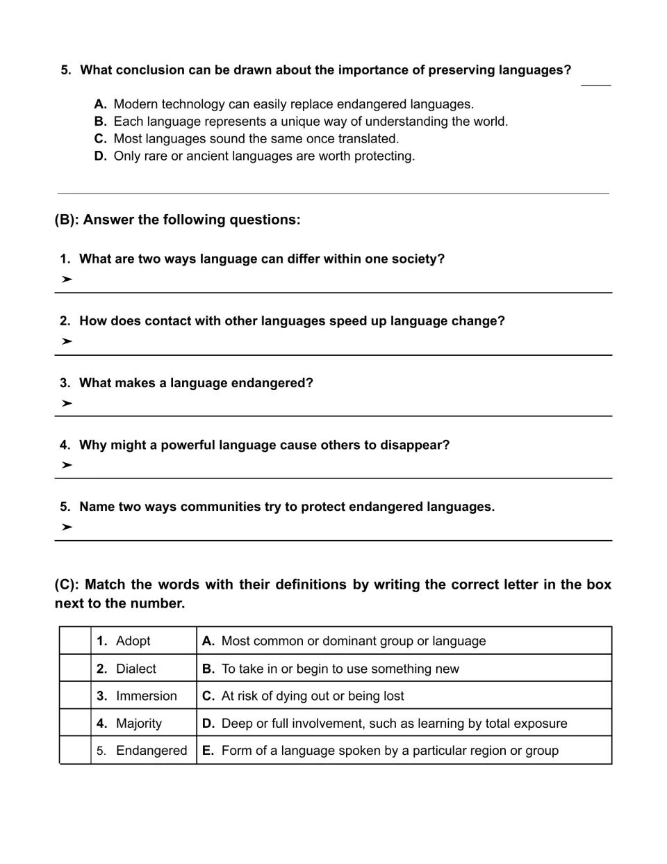 Question 5 asks why languages matter, followed by five written-response questions and five vocabulary matches.