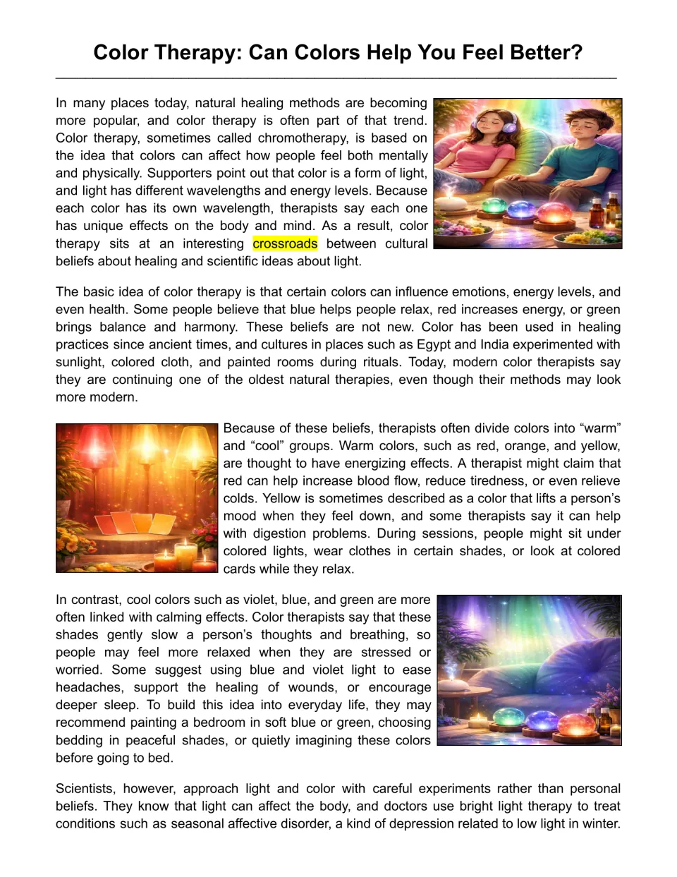 Reading passage opening: color therapy beliefs, warm and cool colors, and scientific approaches to light