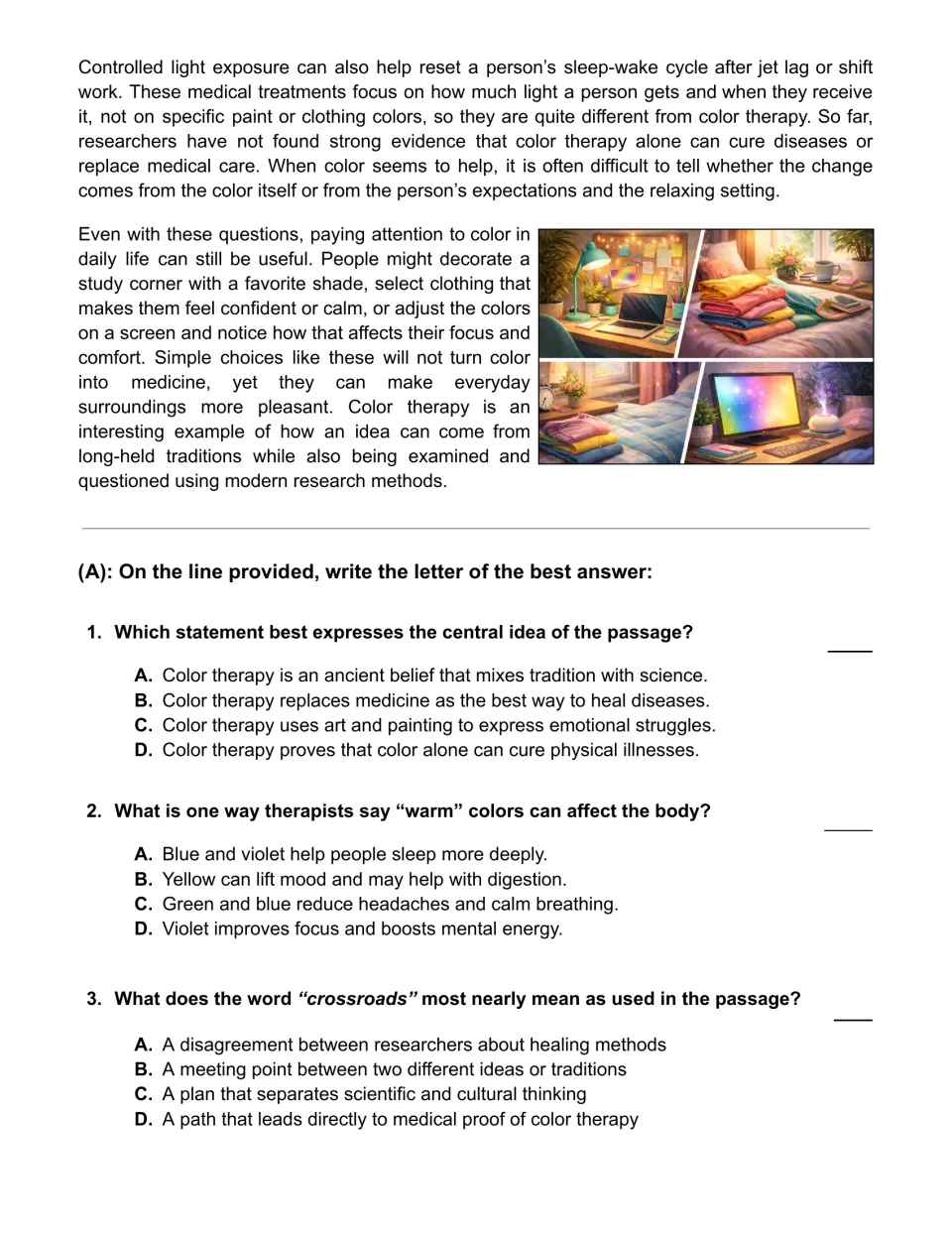 Passage conclusion and questions 1–3 on the central idea, warm colors, and the meaning of crossroads