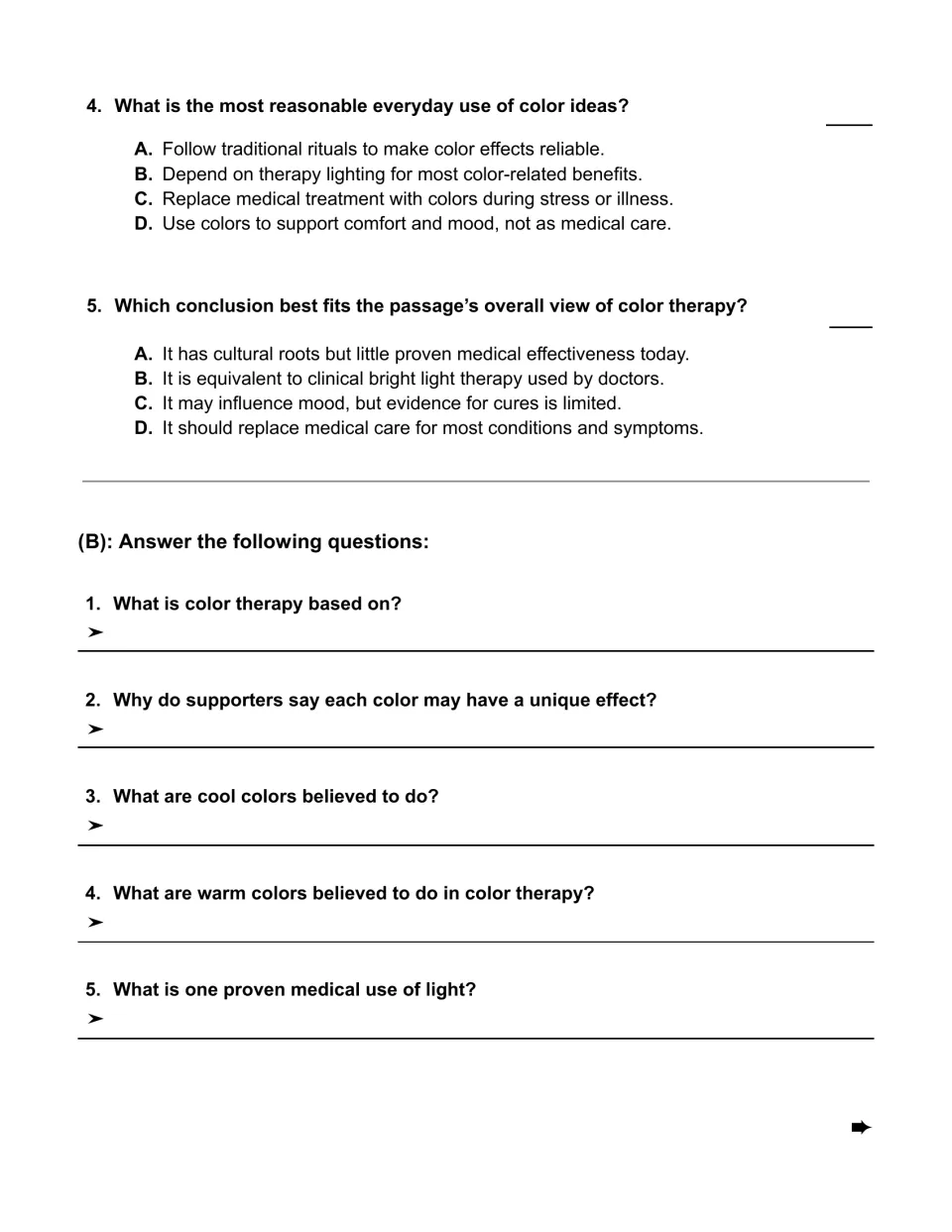 Questions 4–5 on everyday color use and evidence, plus five short-answer questions about color therapy