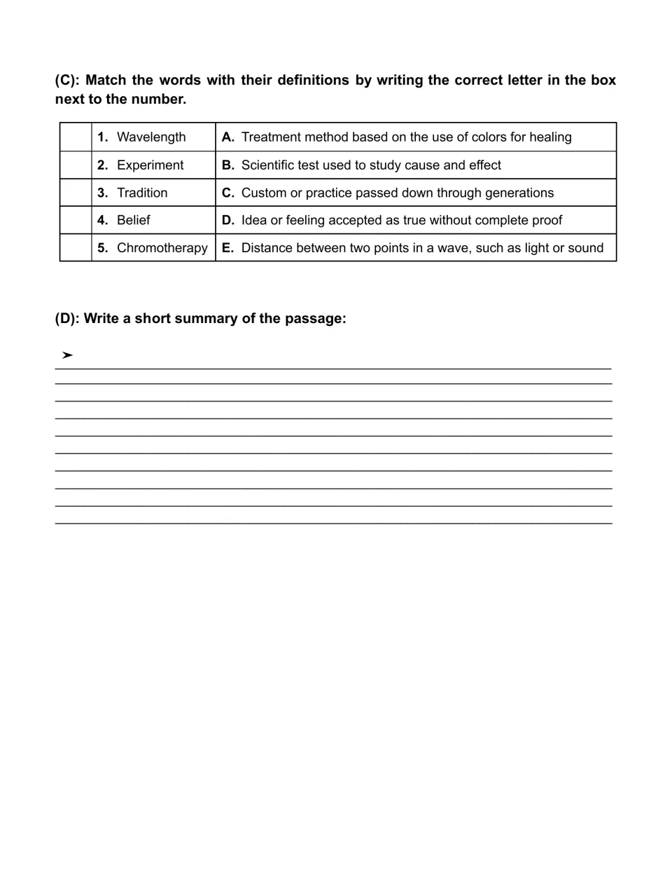 Vocabulary matching: wavelength, experiment, tradition, belief, and chromotherapy; passage summary prompt