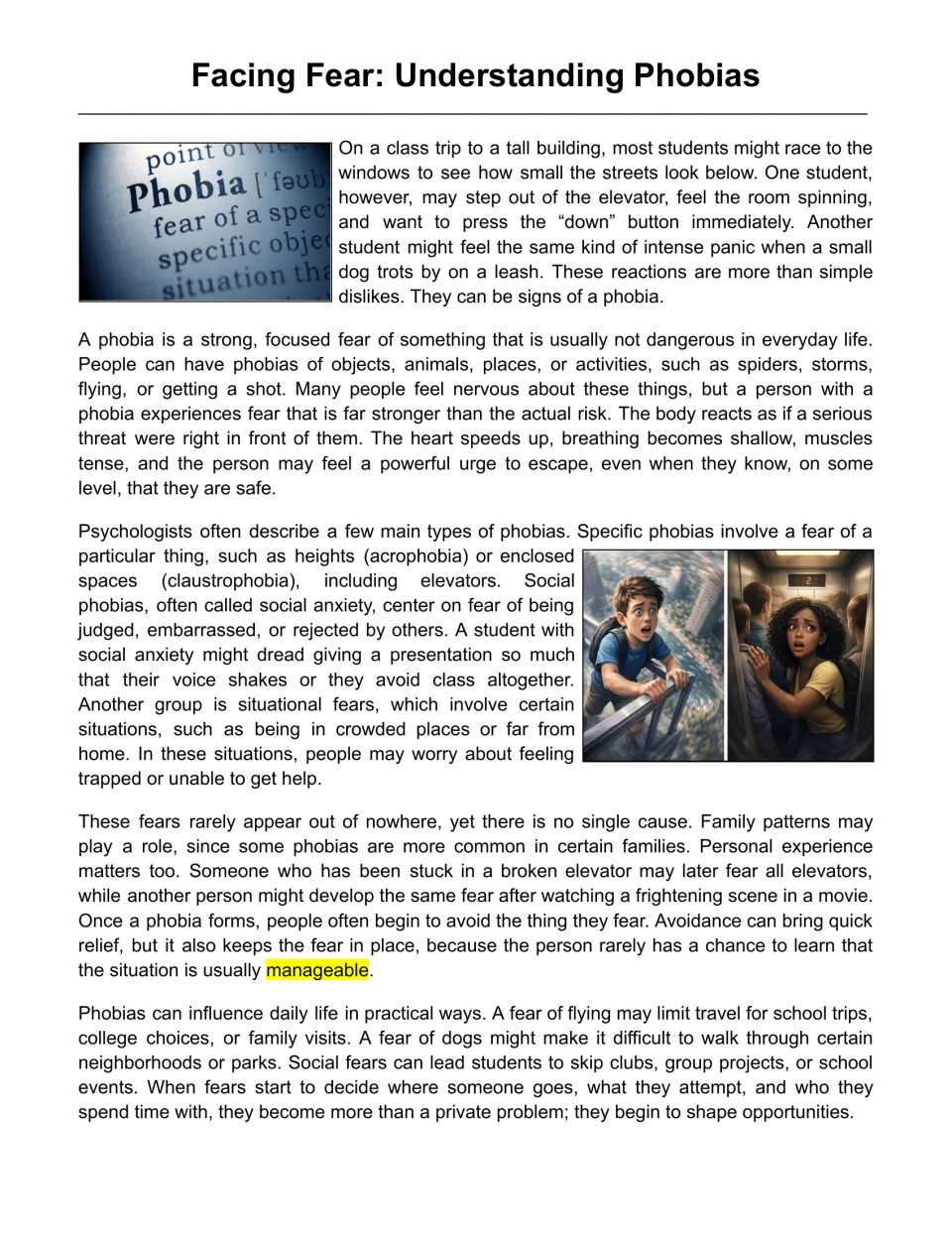 Phobias passage, part 1: intense fear, physical reactions, types of phobias, causes, and effects on daily life