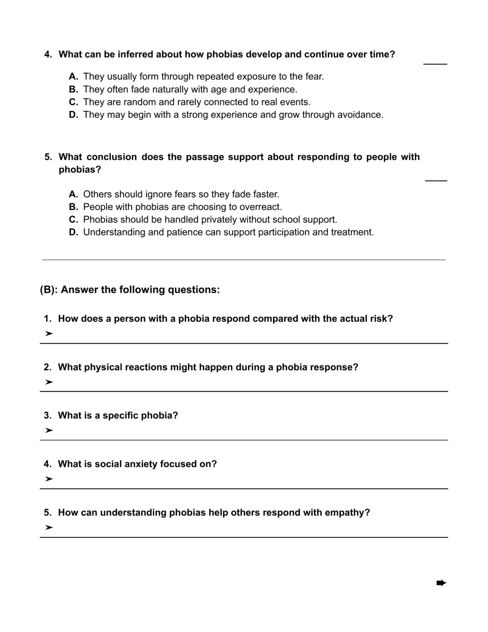 Phobias comprehension: multiple-choice questions 4–5 and five short-answer questions on fear and empathy