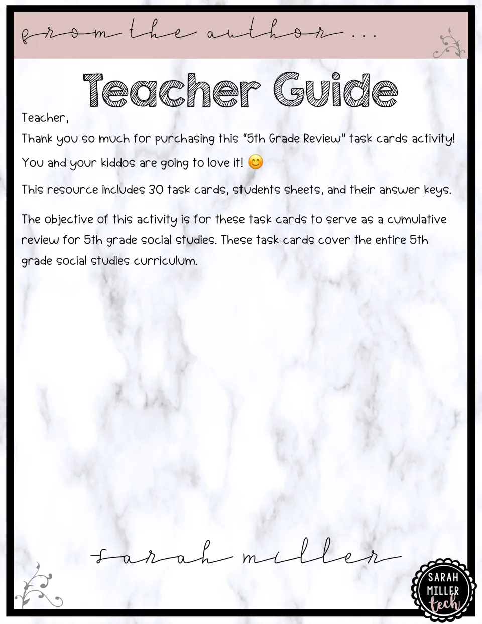 Teacher guide introducing 30 task cards, student sheets, and answer keys for fifth-grade social studies review