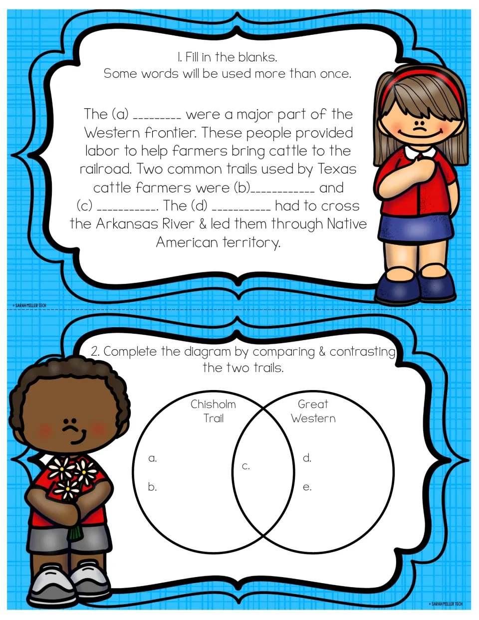 Social studies task cards 1–2: Western frontier fill-in-the-blanks and a Venn diagram comparing cattle trails
