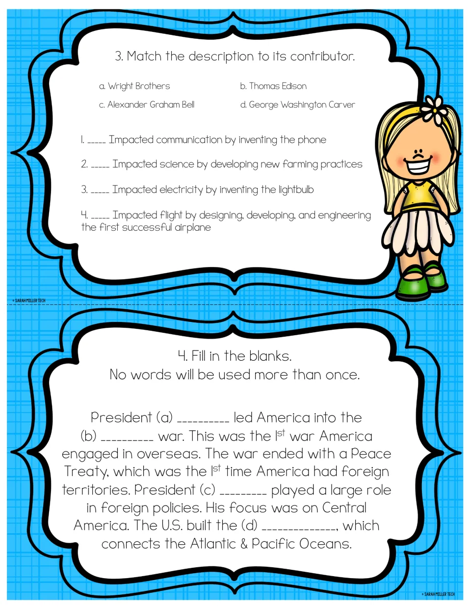 Social studies task cards 3–4: matching inventors to contributions and filling blanks about U.S. foreign policy