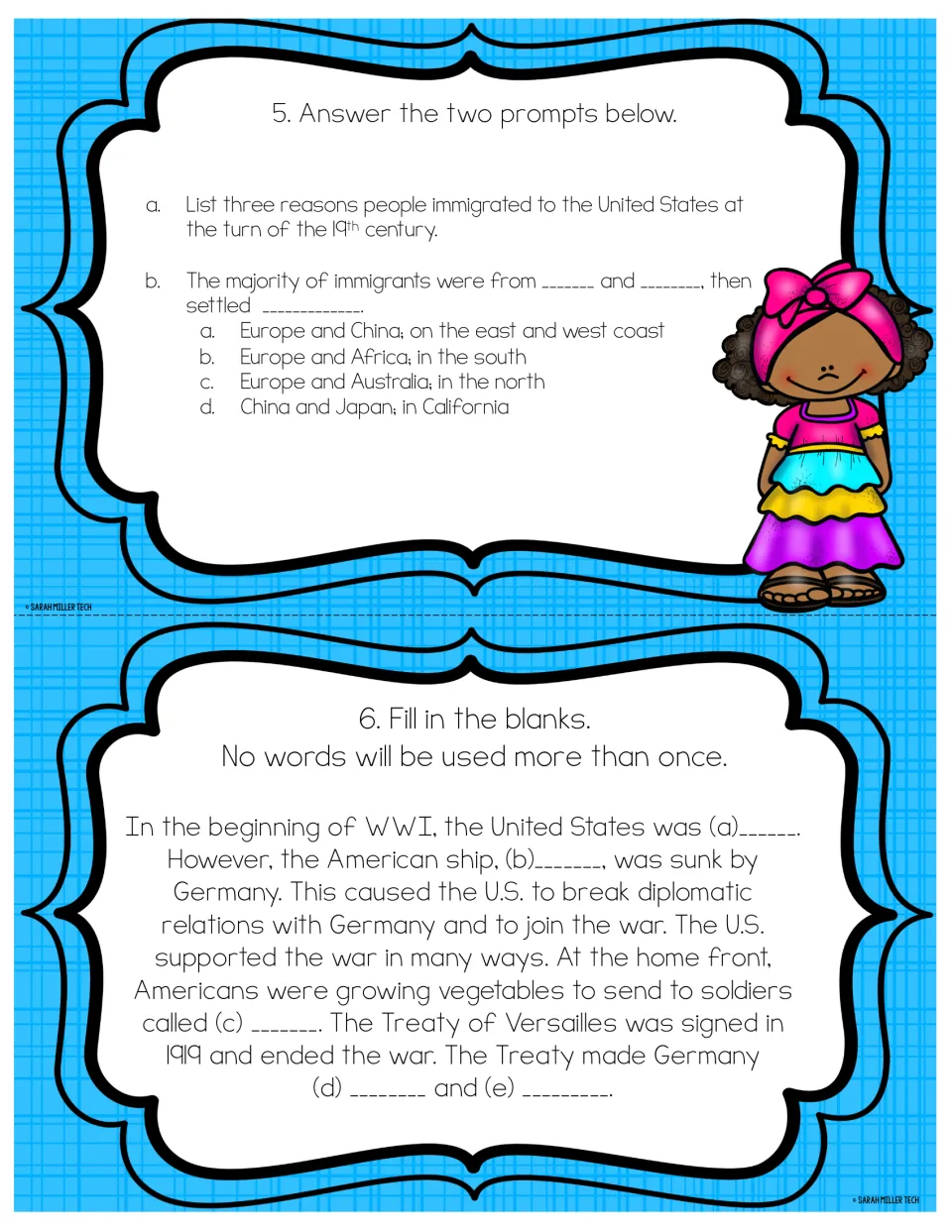 Social studies task cards 5–6: immigration reasons and settlement, plus World War I fill-in-the-blank questions
