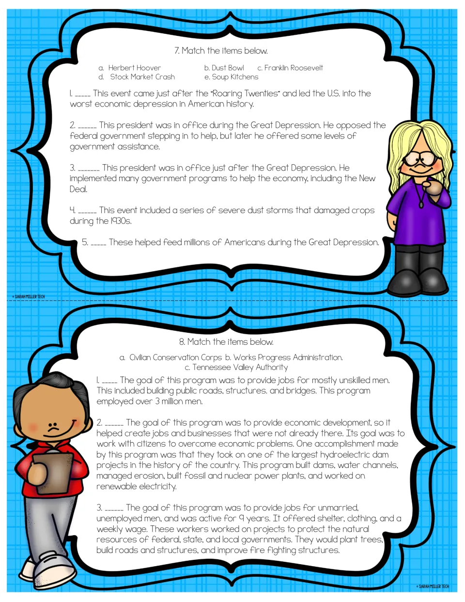 Social studies task cards 7–8: matching Great Depression events, presidents, and New Deal programs to descriptions